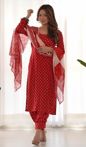 Red Block Print Cotton Blend Salwar Kameez