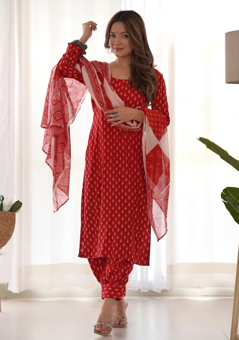 Red Block Print Cotton Blend Salwar Kameez