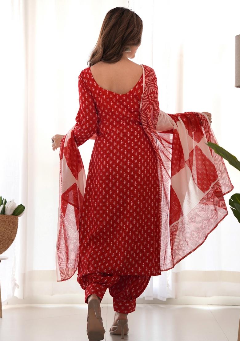 Red Block Print Cotton Blend Salwar Kameez