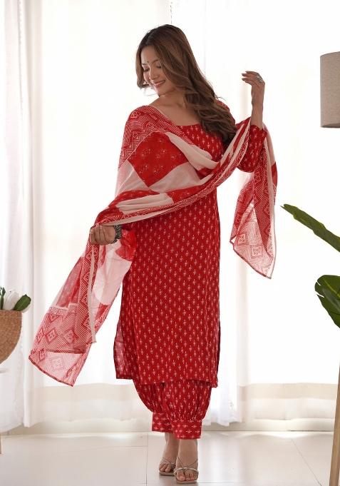 Red Block Print Cotton Blend Salwar Kameez
