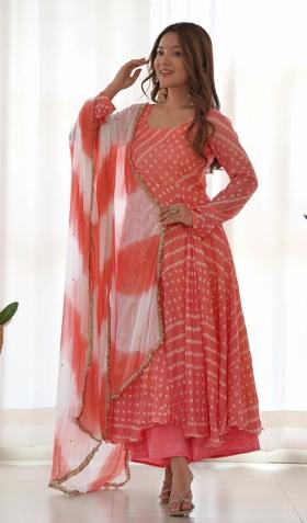 Peach Bandhani Print Silk Anarkali Set