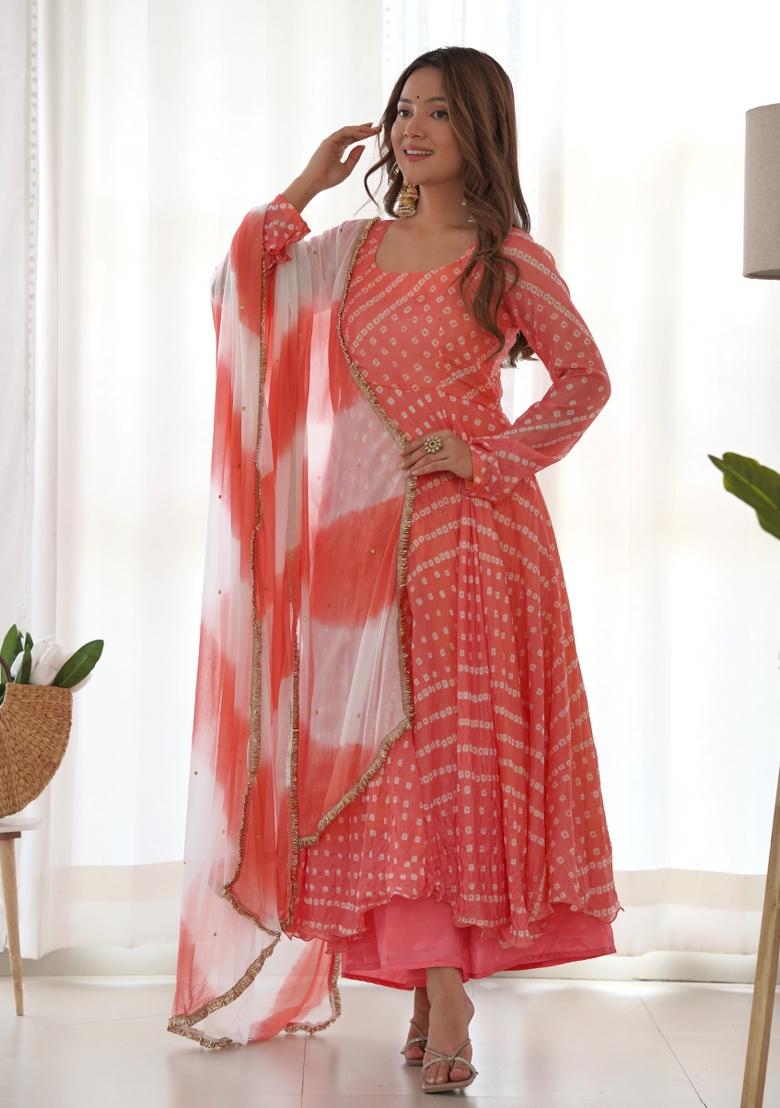 Peach Bandhani Print Silk Anarkali Set