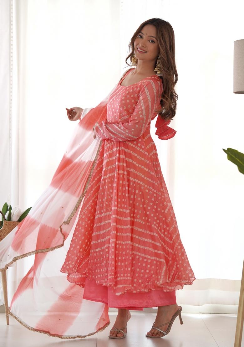Peach Bandhani Print Silk Anarkali Set