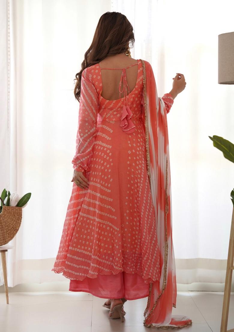 Peach Bandhani Print Silk Anarkali Set