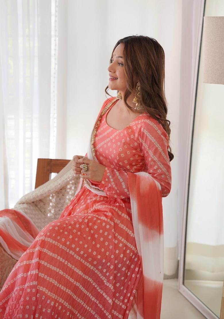 Peach Bandhani Print Silk Anarkali Set