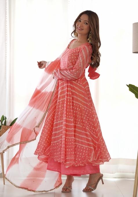 Peach Bandhani Print Silk Anarkali Set