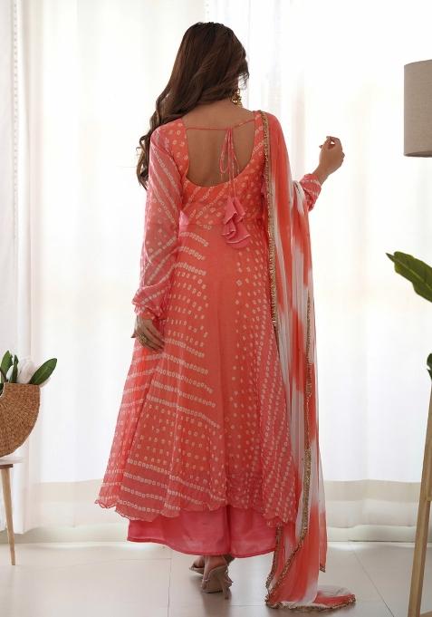 Peach Bandhani Print Silk Anarkali Set