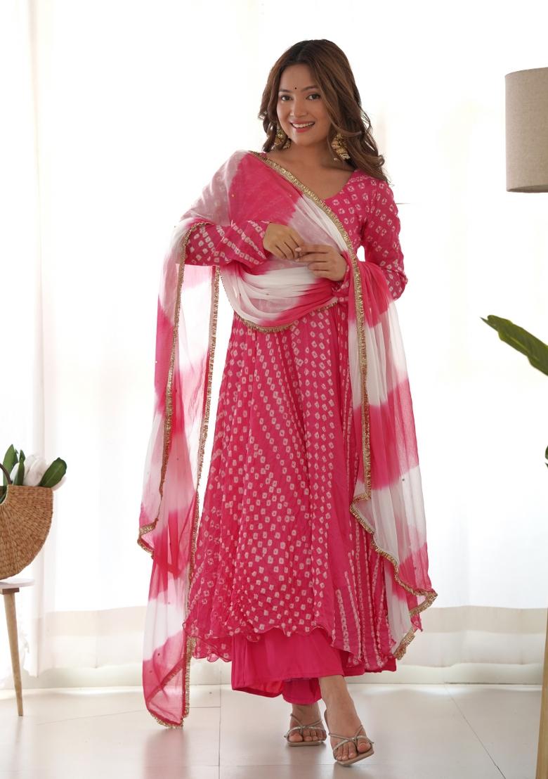 Magenta Bandhani Print Silk Anarkali Set