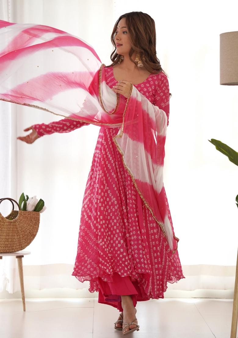 Magenta Bandhani Print Silk Anarkali Set