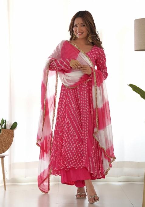Magenta Bandhani Print Silk Anarkali Set