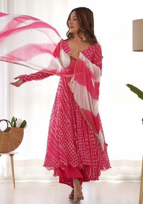 Magenta Bandhani Print Silk Anarkali Set