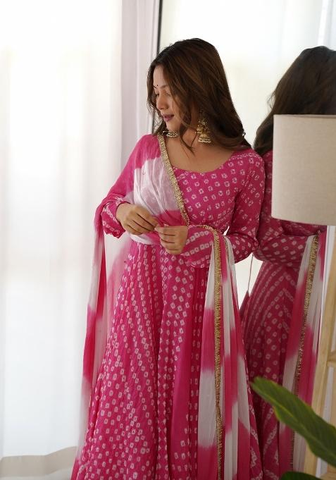 Magenta Bandhani Print Silk Anarkali Set