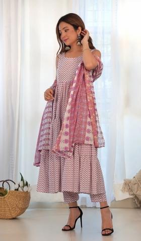 White And Lavender Block Print Cotton Blend Anarkali Set