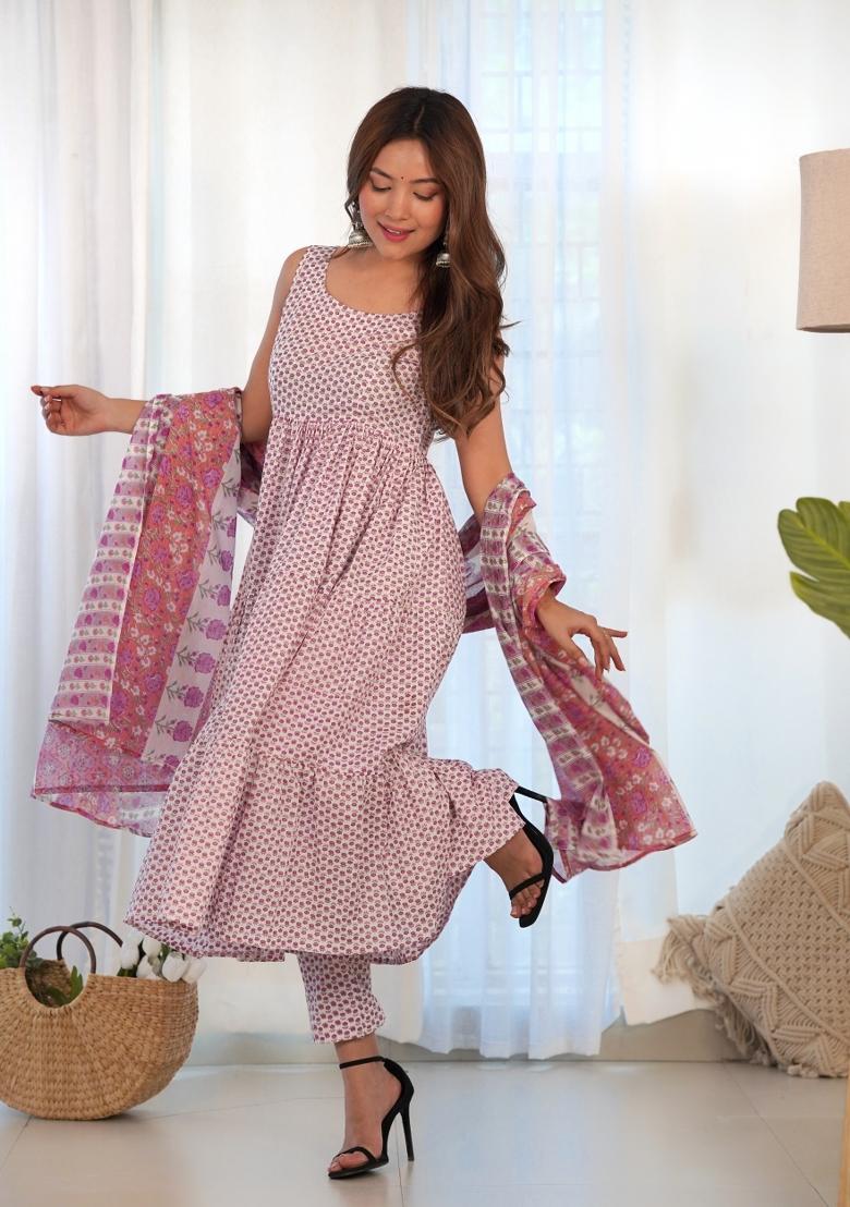 White And Lavender Block Print Cotton Blend Anarkali Set