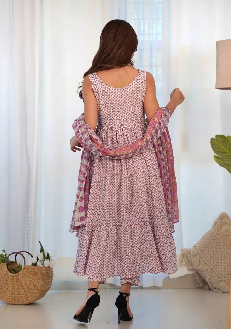 White Printed Cotton Blend Anarkali Set - Indya
