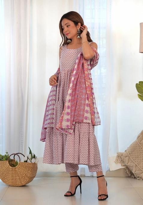 White And Lavender Block Print Cotton Blend Anarkali Set