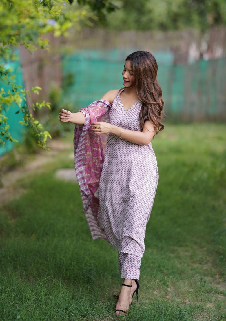 White Block Print Cotton Blend Salwar Kameez With Dupatta