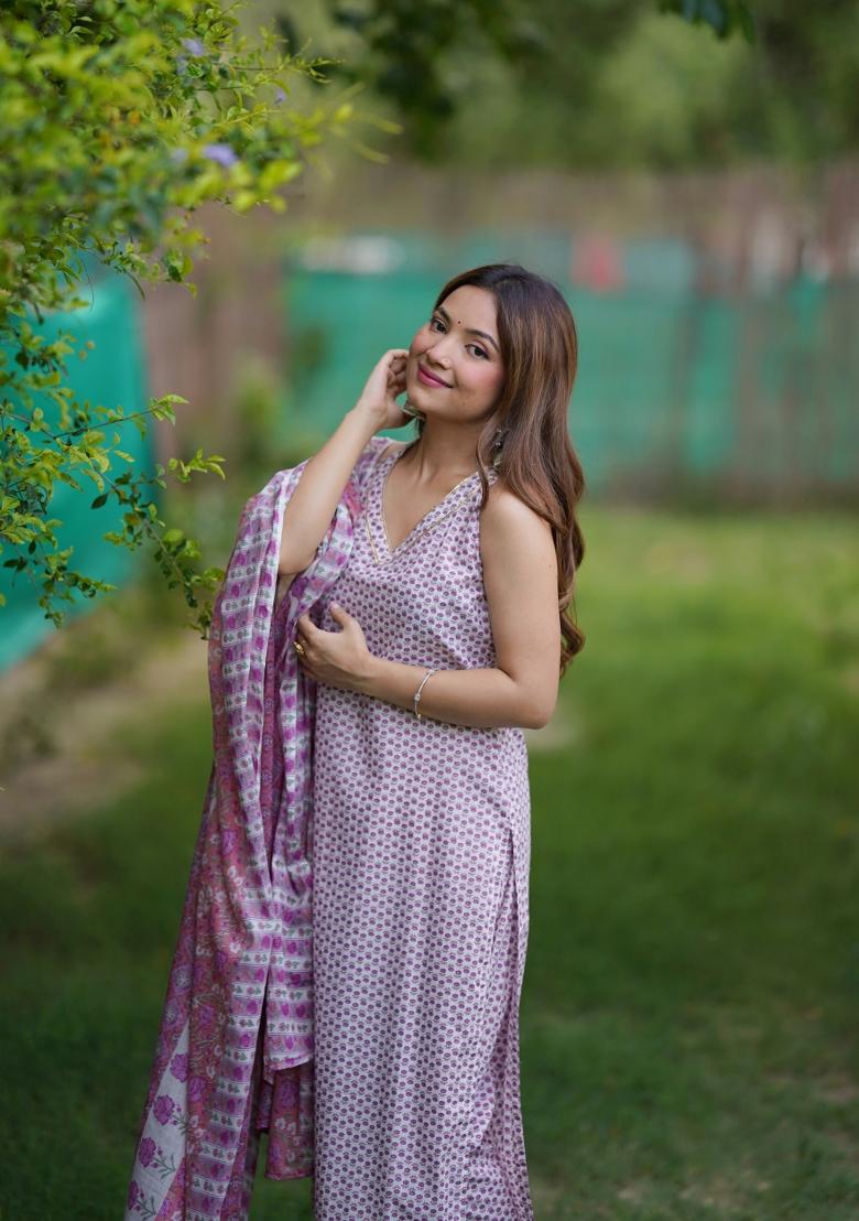 White Block Print Cotton Blend Salwar Kameez With Dupatta