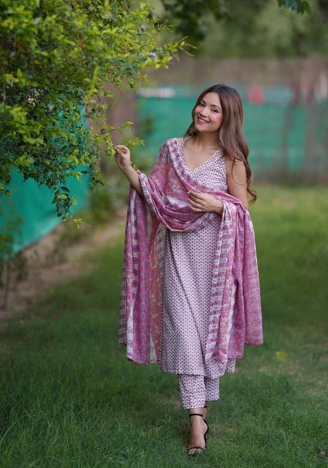 White Block Print Cotton Blend Salwar Kameez With Dupatta