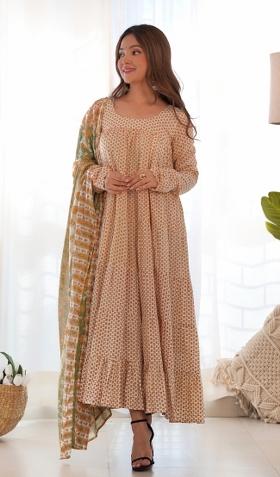 Creamy Yellow Block Print Cotton Blend Anarkali Set