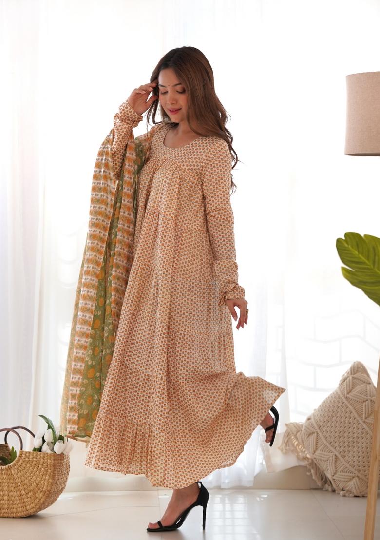 Creamy Yellow Block Print Cotton Blend Anarkali Set