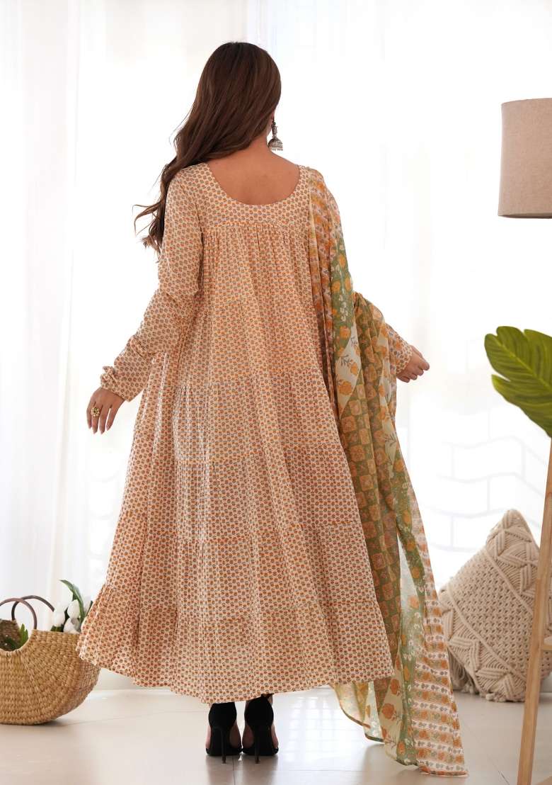 Creamy Yellow Printed Cotton Anarkali Set - Indya