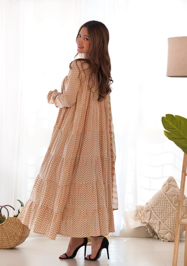 Creamy Yellow Block Print Cotton Blend Anarkali Set