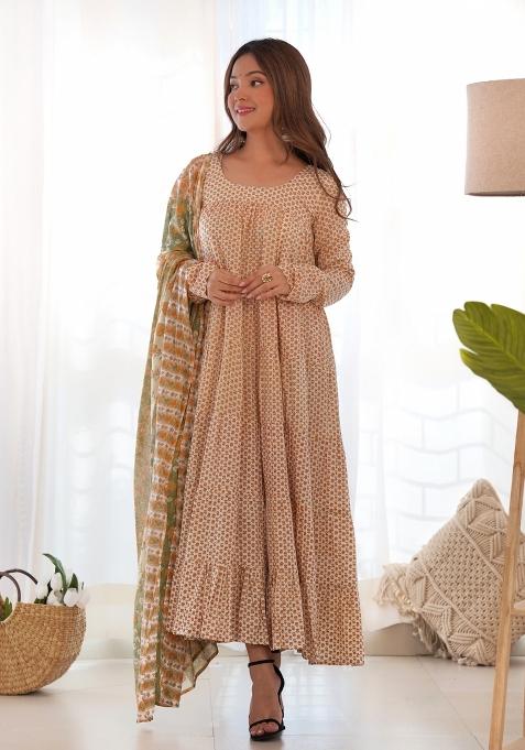 Creamy Yellow Block Print Cotton Blend Anarkali Set