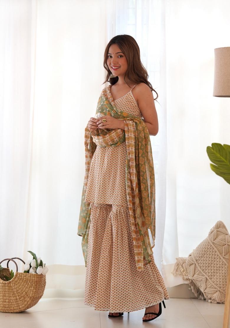 Creamy Yellow Block Print Cotton Blend Sharara Set