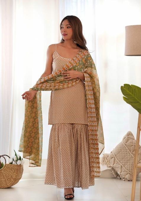Creamy Yellow Block Print Cotton Blend Sharara Set