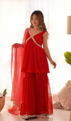 Red Bandhani Print Georgette Sharara Set