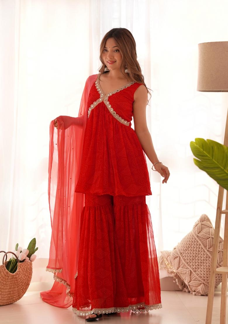Red Bandhani Print Georgette Sharara Set