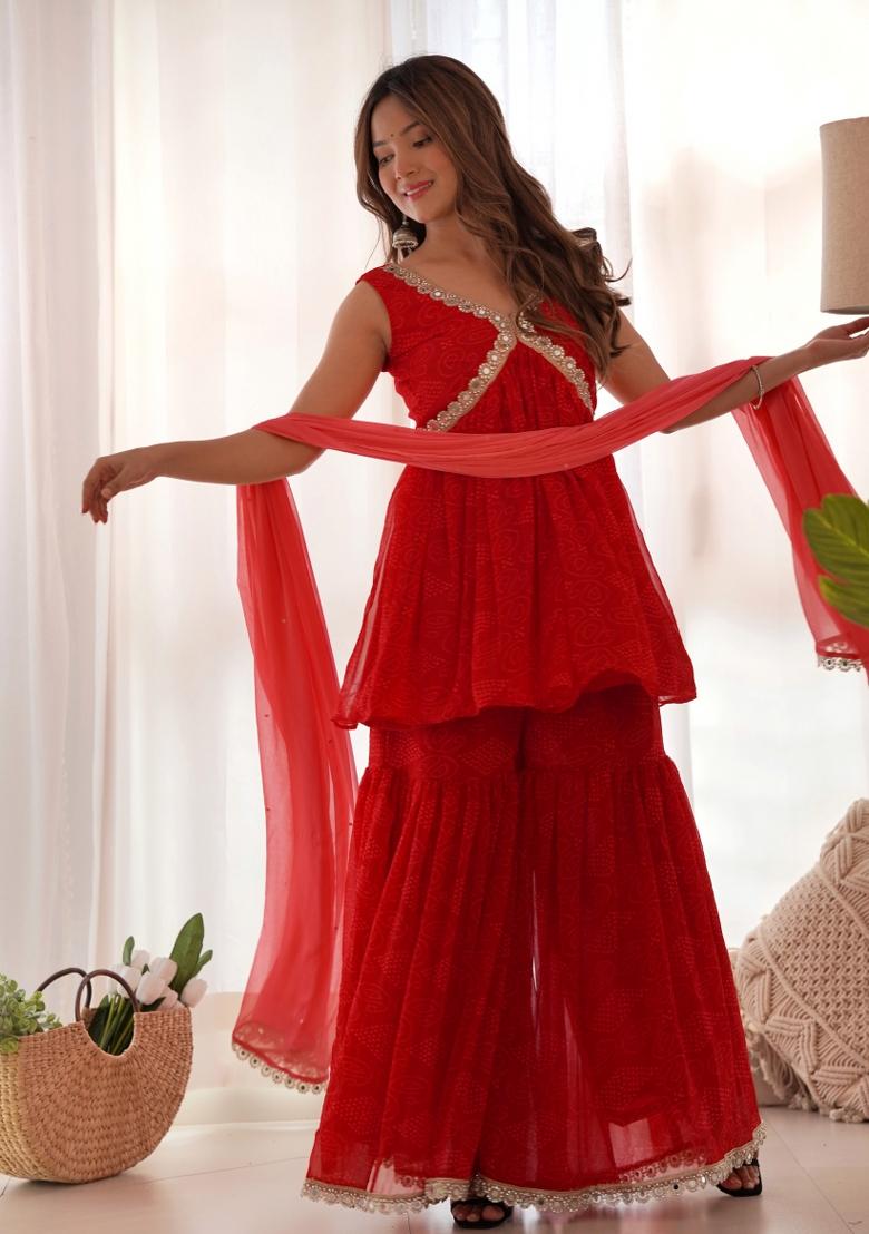 Red Bandhani Print Georgette Sharara Set