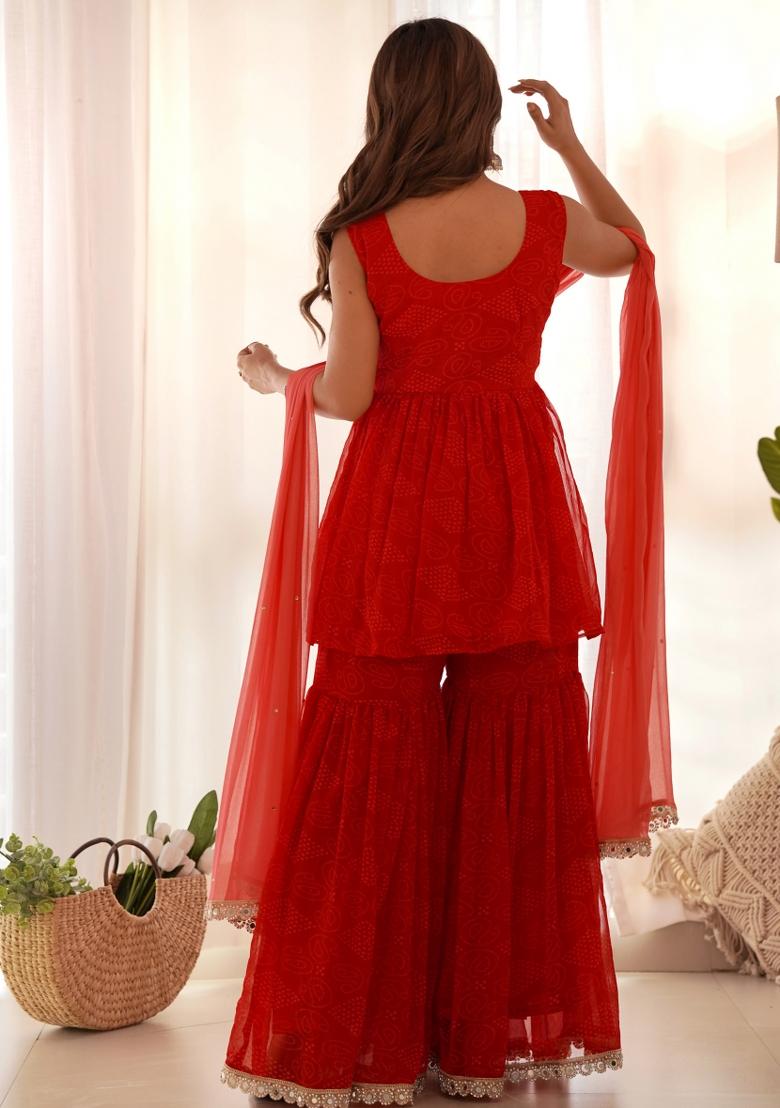 Red Bandhani Print Georgette Sharara Set