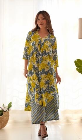 Grey And Yellow Block Print Cotton Blend Palazzo Set