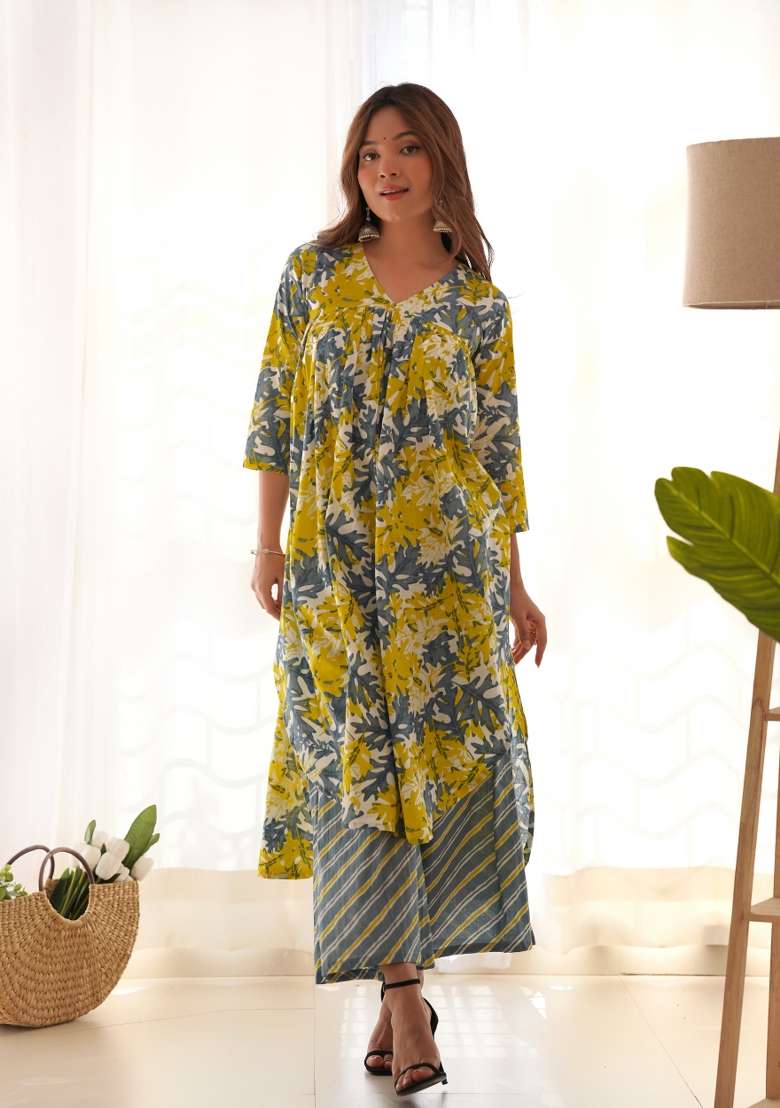 Grey Floral Print Cotton Blend Kaftan - Indya