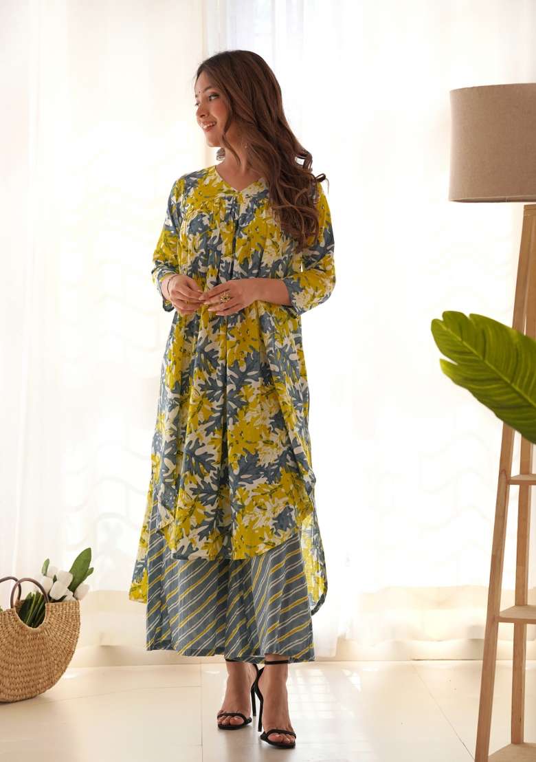 Grey Floral Print Cotton Blend Kaftan - Indya