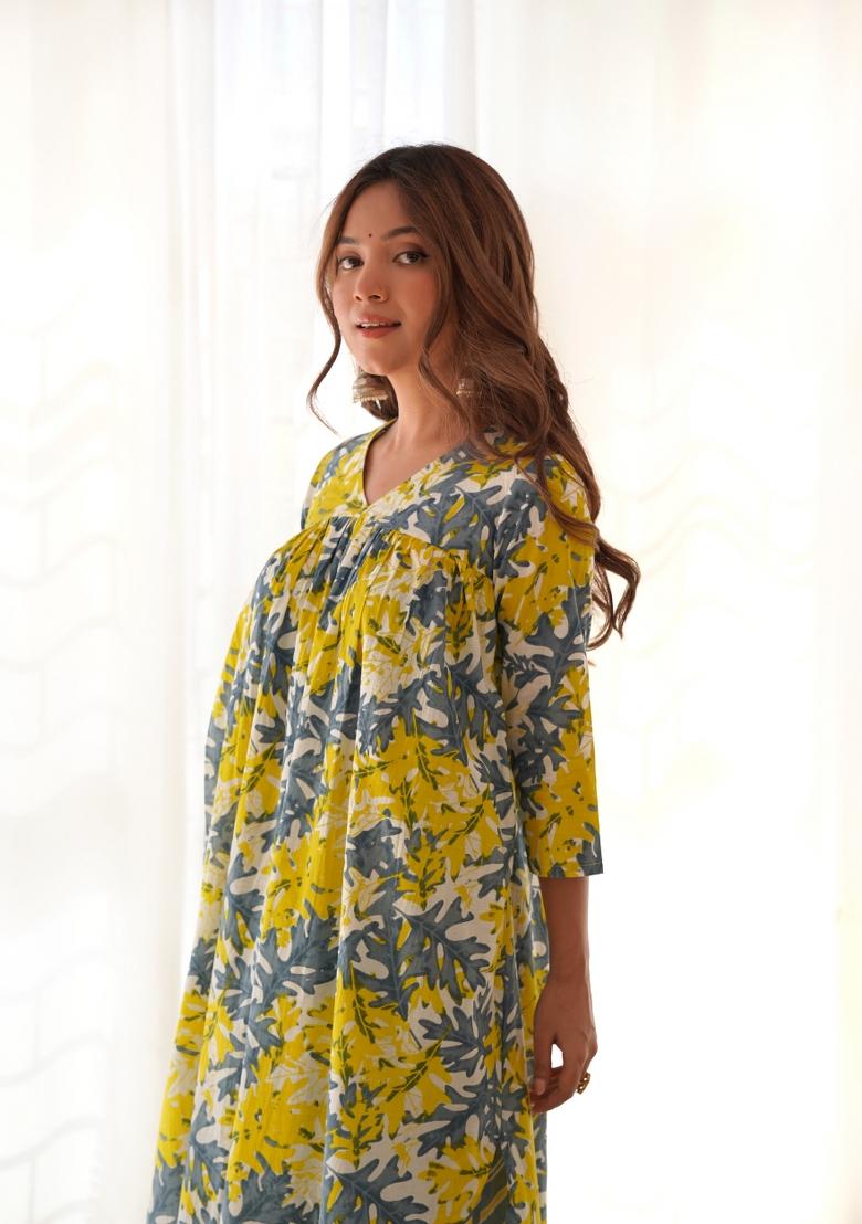 Grey And Yellow Block Print Cotton Blend Palazzo Set