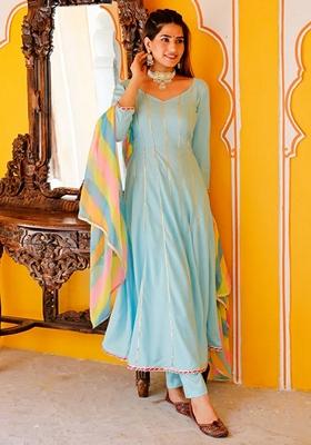 Sky Blue Heavy Gota Work Georgette Salwar Kameez With Dupatta
