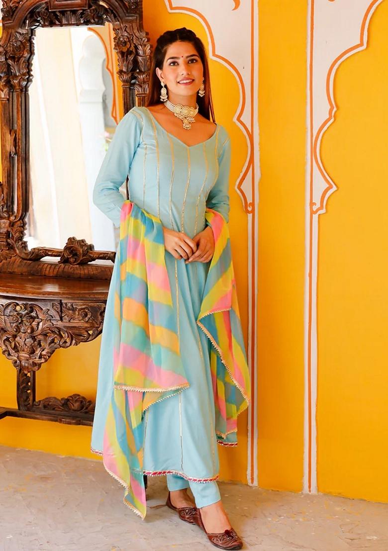 Sky Blue Heavy Gota Work Georgette Salwar Kameez With Dupatta