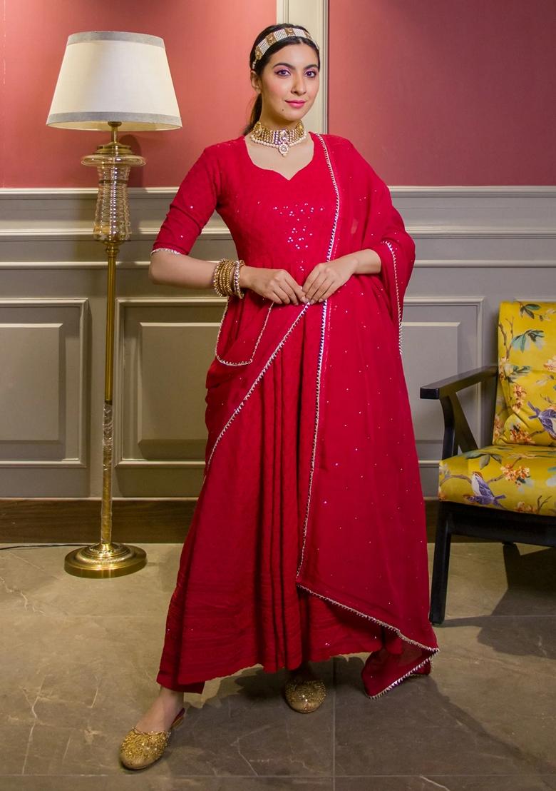 Red Chikankari Chikankari Anarkali Set With Dupatta