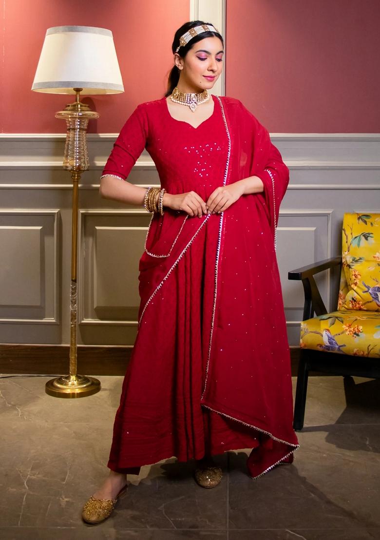 Red Chikankari Chikankari Anarkali Set With Dupatta
