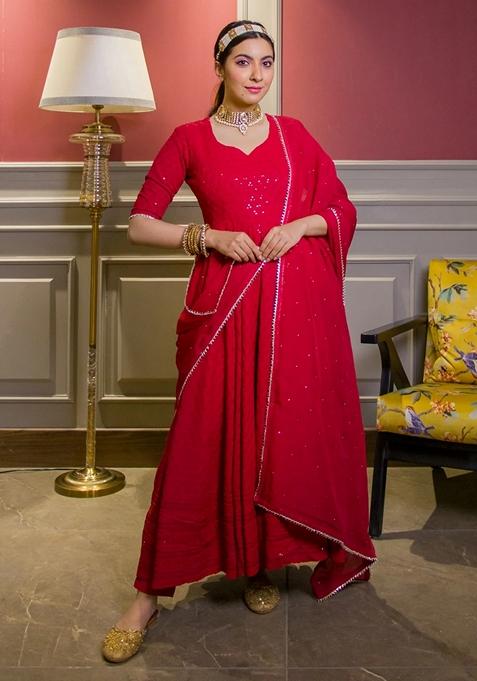 Red Chikankari Chikankari Anarkali Set With Dupatta