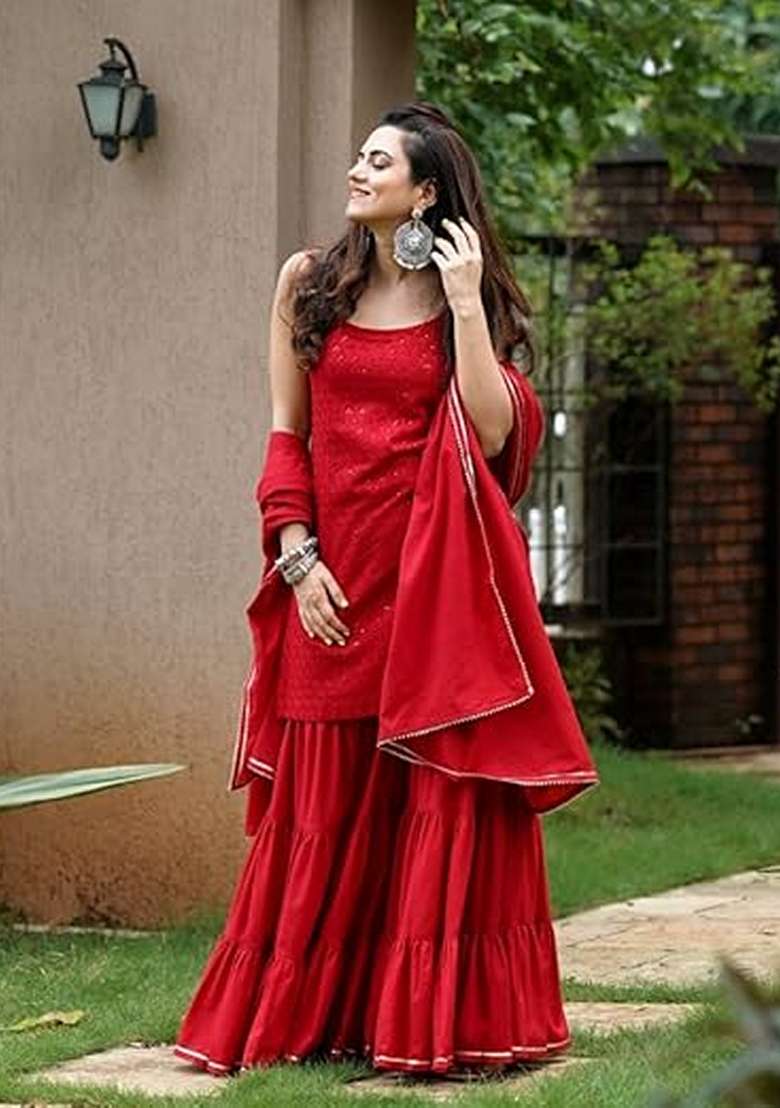 Red Sequin Work Blended Sharara Set - Indya