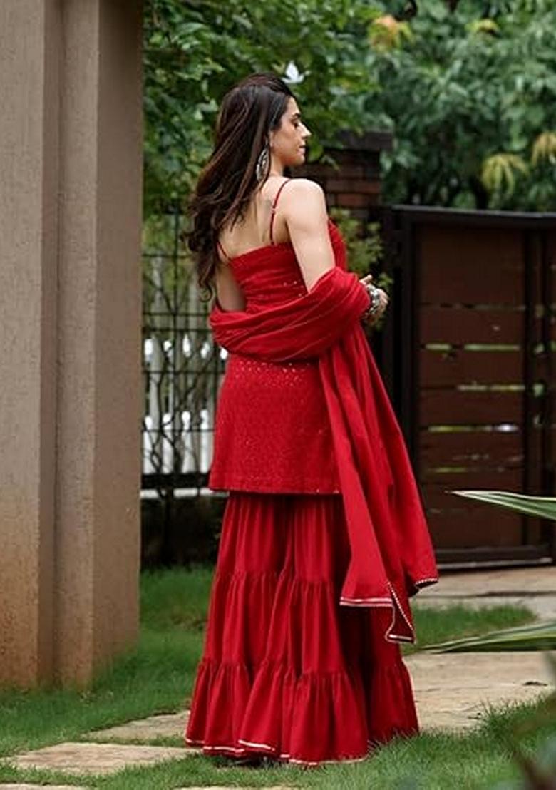 Red Chikankari Chikankari Sharara Set With Dupatta