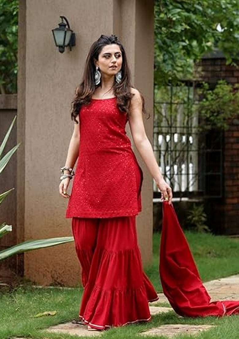 Red Sequin Work Blended Sharara Set - Indya