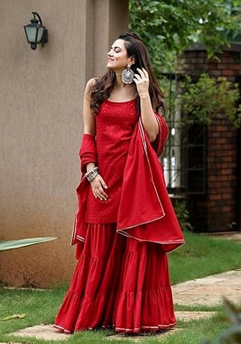 Red Chikankari Chikankari Sharara Set With Dupatta