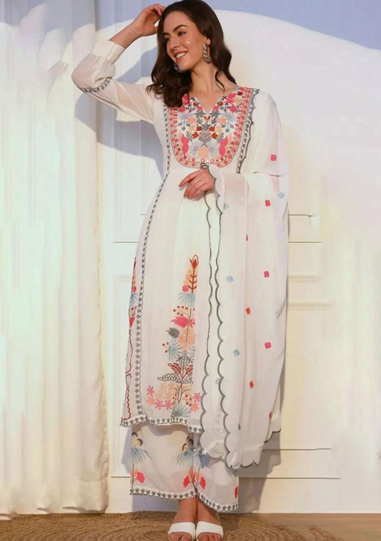 White Embroidered Georgette Straight Kurta Set - Indya