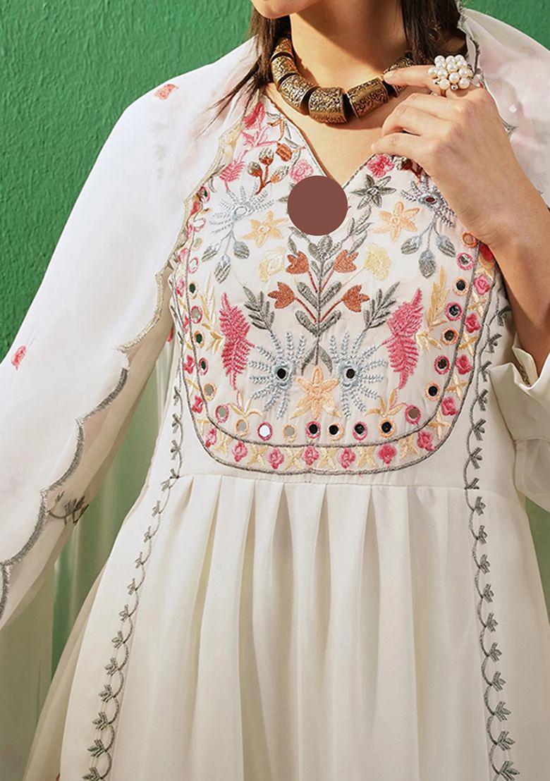 White Thread Embroidery Work Georgette Palazzo Set With Dupatta