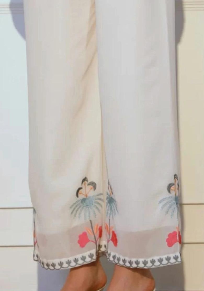 White Thread Embroidery Work Georgette Palazzo Set With Dupatta